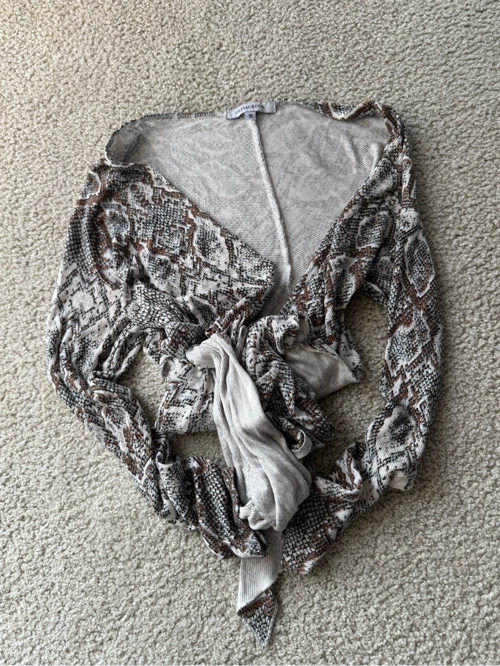 Snake Print Tie-Front Women's Top - Brown & Cream long sleeve